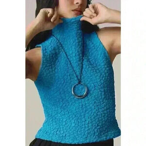 Anthropologie Turquoise Blue Tassel Popcorn High Neck Crop Tank Top - Women's XL